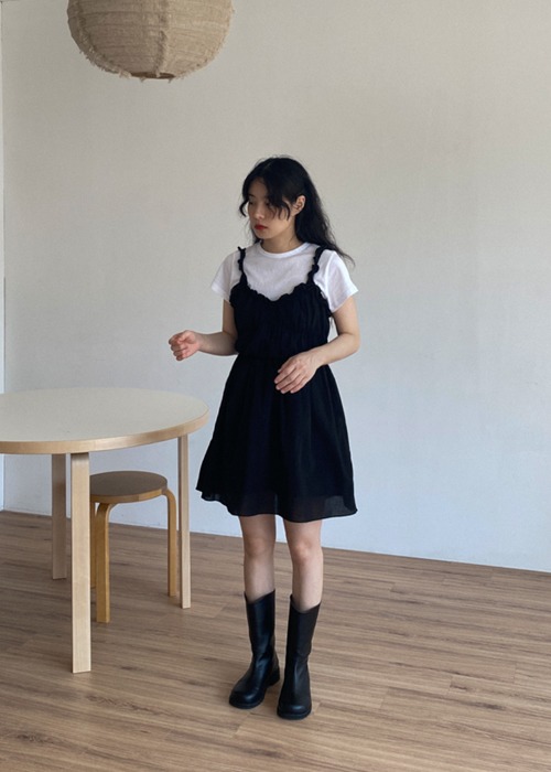 Black Shirred Frill Mini Dress