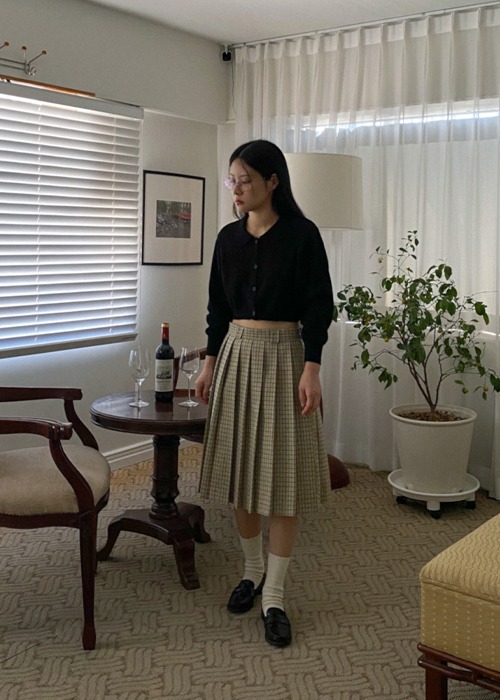 Beige Checked Pleated Skirt