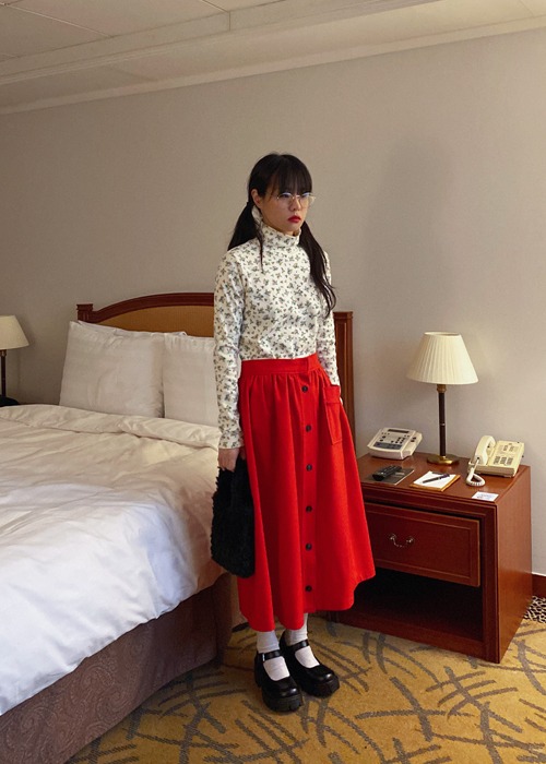 Red Wool Blend Button Skirt